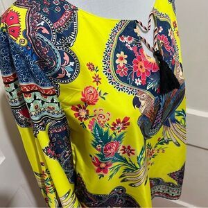 Vibrant Yellow Floral Bohemian Blouse with Tassel Women's Large